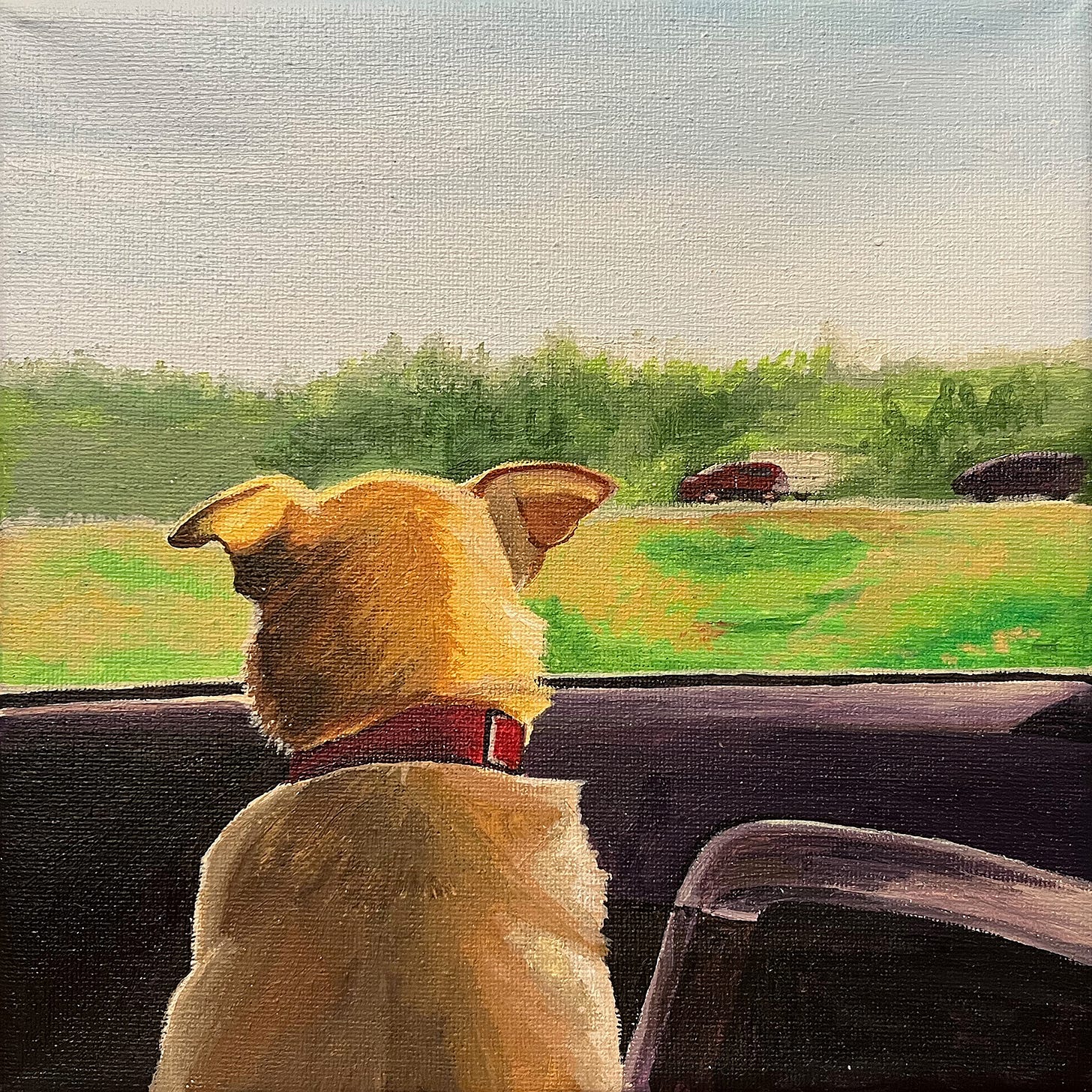 Painting of a small dog viewed from behind looking out a car window. Her fur is tan and her ears are partially flopped and stick out sideways. Outside the car there a fields and forests in muted tones under a pale blue sky.
