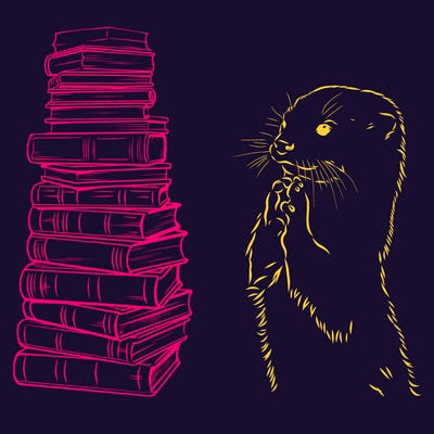 dessin stylisé. Une loutre jaune se frotte les mains face à une pile de livres roses.