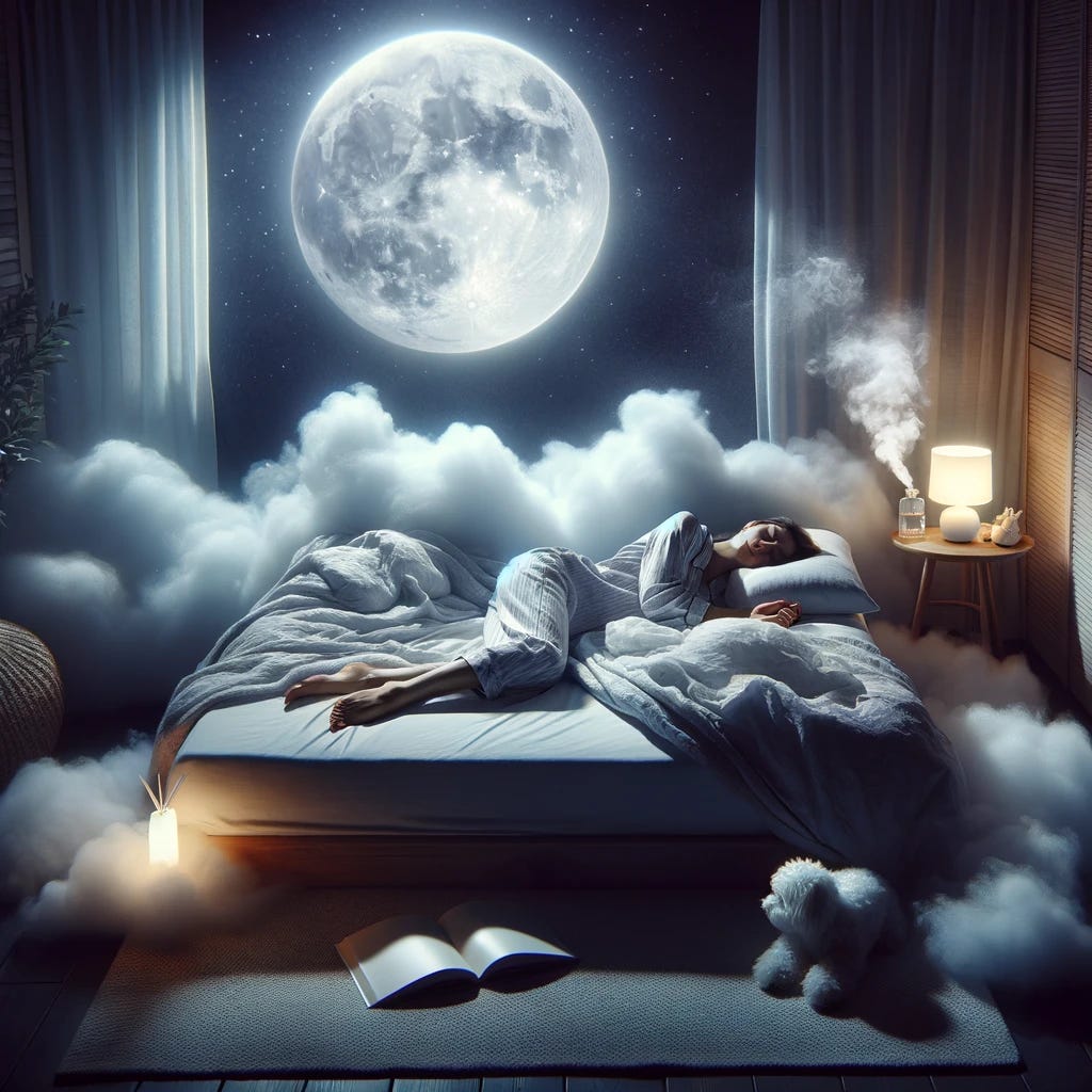 In a tranquil, moonlit bedroom, a person is sleeping soundly, embodying perfect peace. They're nestled in a cloud-like bed, the gentle glow of moonlight casting a silver hue across the room. The bedding is soft, breathable cotton, and they are dressed in the softest pajamas, appearing almost like a second skin. A diffuser mists the air with lavender scent, contributing to the serene atmosphere. Beside the bed, a book lies face down, indicating a bedtime ritual of reading. The sleeper's position is natural and comfortable, with one arm under the pillow and the other resting gently by their side, a soft smile on their face suggesting pleasant dreams. At the foot of the bed, a pet is curled up, adding to the sense of security and companionship. This scene captures the essence of a restorative night's sleep, promising a refreshing morning.