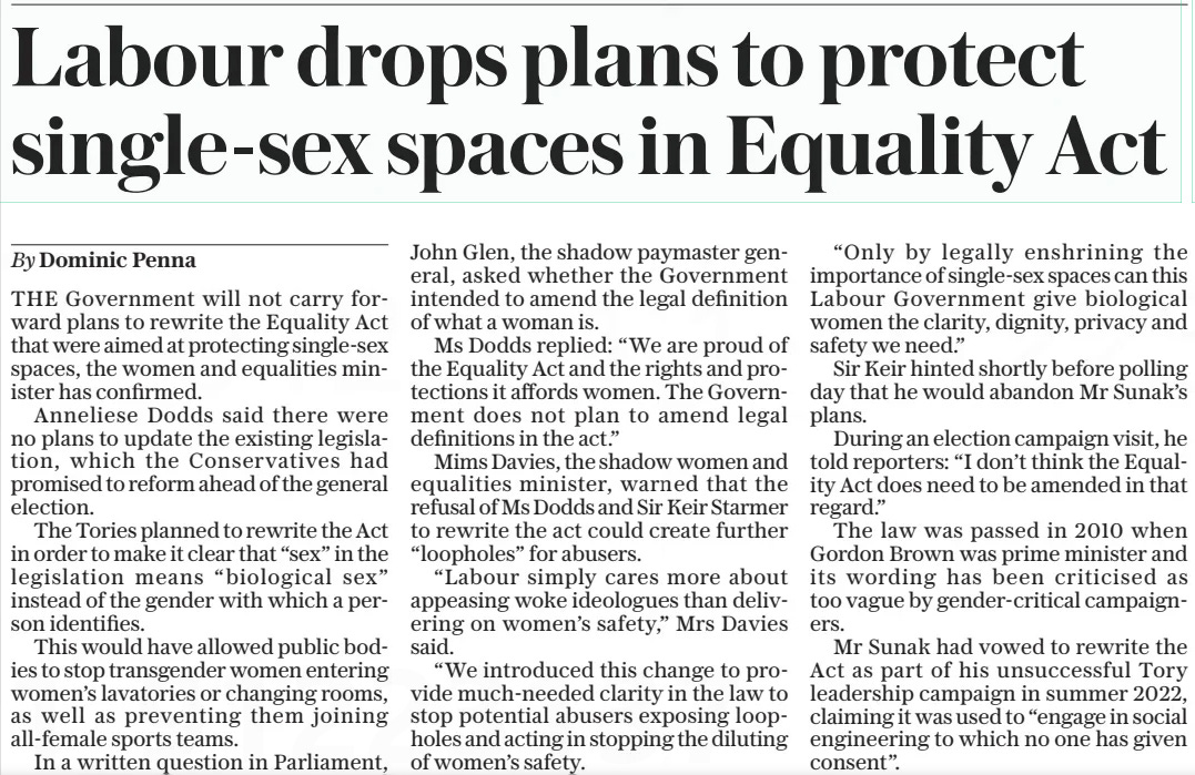 Labour drops plans to protect single-sex spaces in Equality Act The Daily Telegraph9 Sep 2024By Dominic Penna THE Government will not carry forward plans to rewrite the Equality Act that were aimed at protecting single-sex spaces, the women and equalities minister has confirmed.  Anneliese Dodds said there were no plans to update the existing legislation, which the Conservatives had promised to reform ahead of the general election.  The Tories planned to rewrite the Act in order to make it clear that “sex” in the legislation means “biological sex” instead of the gender with which a person identifies.  This would have allowed public bodies to stop transgender women entering women’s lavatories or changing rooms, as well as preventing them joining all-female sports teams.  In a written question in Parliament,  John Glen, the shadow paymaster general, asked whether the Government intended to amend the legal definition of what a woman is.  Ms Dodds replied: “We are proud of the Equality Act and the rights and protections it affords women. The Government does not plan to amend legal definitions in the act.”  Mims Davies, the shadow women and equalities minister, warned that the refusal of Ms Dodds and Sir Keir Starmer to rewrite the act could create further “loopholes” for abusers.  “Labour simply cares more about appeasing woke ideologues than delivering on women’s safety,” Mrs Davies said.  “We introduced this change to provide much-needed clarity in the law to stop potential abusers exposing loopholes and acting in stopping the diluting of women’s safety.  “Only by legally enshrining the importance of single-sex spaces can this Labour Government give biological women the clarity, dignity, privacy and safety we need.”  Sir Keir hinted shortly before polling day that he would abandon Mr Sunak’s plans.  During an election campaign visit, he told reporters: “I don’t think the Equality Act does need to be amended in that regard.”  The law was passed in 2010 when Gordon Brown was prime minister and its wording has been criticised as too vague by gender-critical campaigners.  Mr Sunak had vowed to rewrite the Act as part of his unsuccessful Tory leadership campaign in summer 2022, claiming it was used to “engage in social engineering to which no one has given consent”.  Article Name:Labour drops plans to protect single-sex spaces in Equality Act Publication:The Daily Telegraph Author:By Dominic Penna Start Page:6 End Page:6