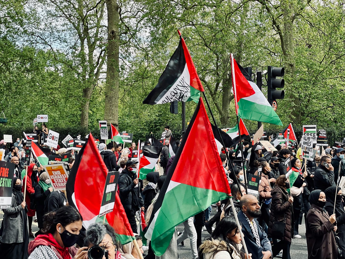Crowd holding Hamas flags, Free Palestine signs and other