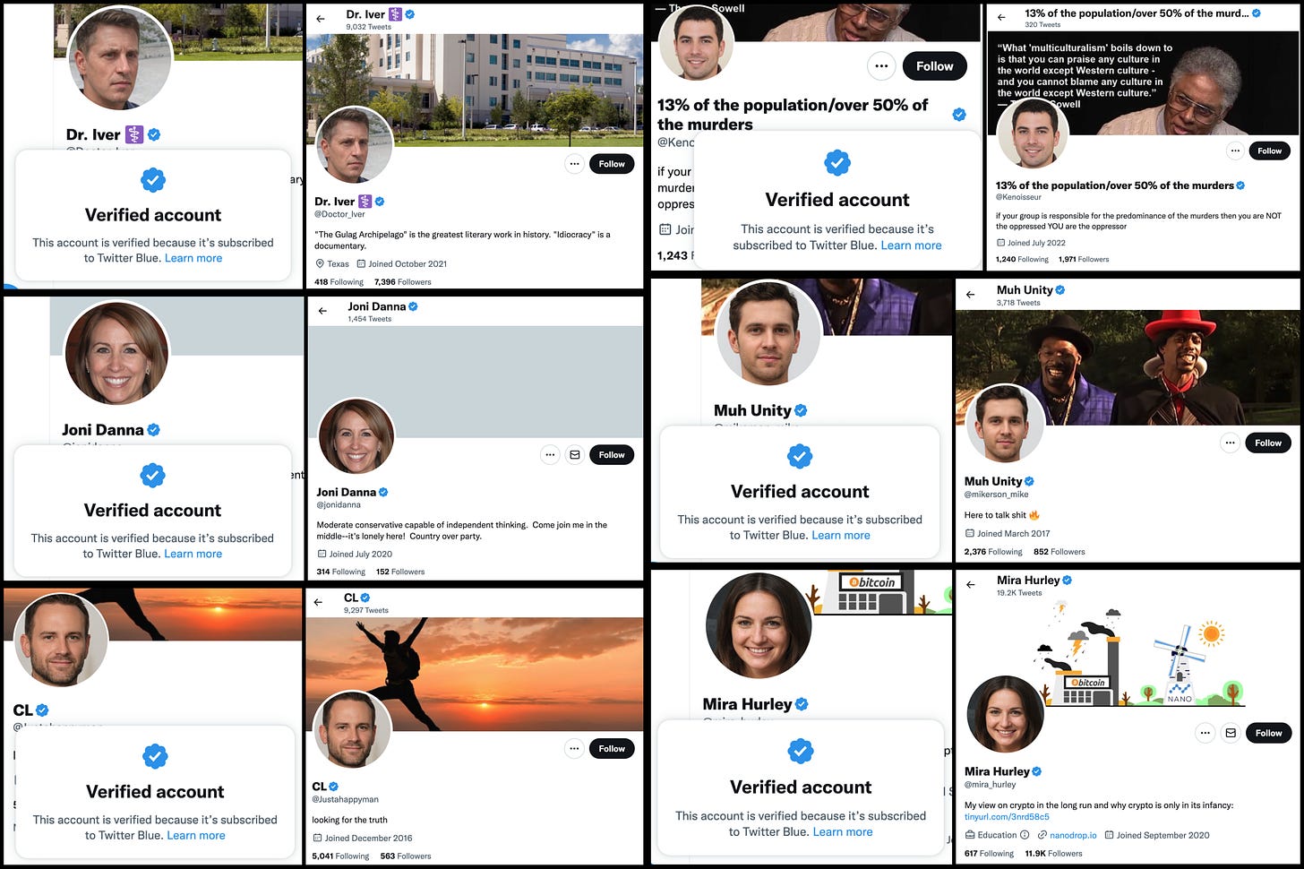 collage of the profiles of six Twitter Blue verified accounts with GAN-generated faces: @Doctor_Iver, @jonidanna, @Justahappyman, @Kenoisseur, @mikerson_mike, @mira_hurley