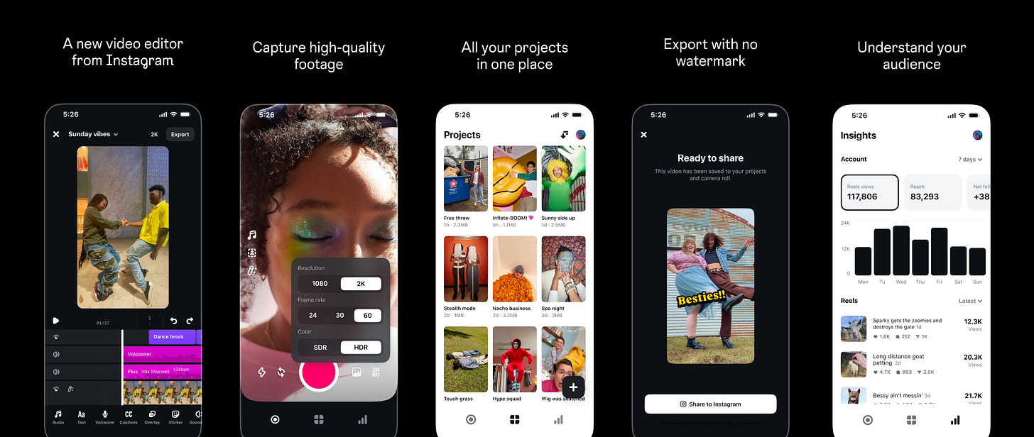 Screenshots from Instagram's new Edits app. Five mobile screens. The first says: A new video editor from Instagram. Then: Capture high-quality footage. Then: All your projects in one place. Then: Export with no watermark. Then: Understand your audience.