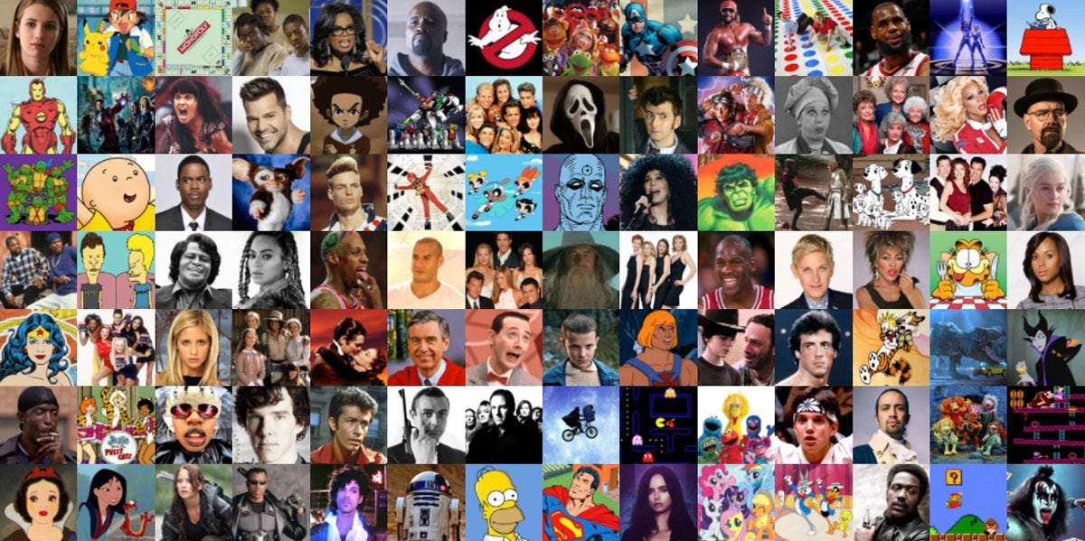 This massive collage shows 98 images from American popular culture--animated characters, cinematic characters, television characters, and musicians--arranged in 7 rows of 14 images each. This massive collage shows 98 images from American popular culture--animated characters, cinematic characters, television characters, and musicians--arranged in 7 rows of 14 images each.
