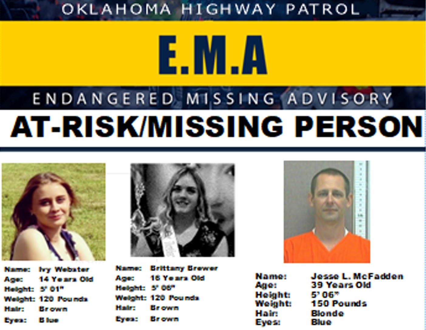 Missing poster provided by the Oklahoma Highway Patrol shows 14-year-old Ivy Webster, left, 16-year-old Brittany Brewer, center, and Jesse McFadden