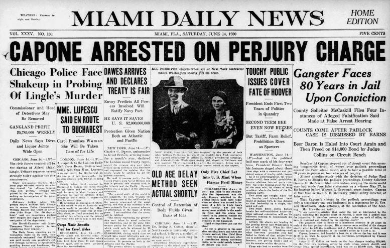 Front Page of the Miami Daily News on Saturday, June 14, 1930.