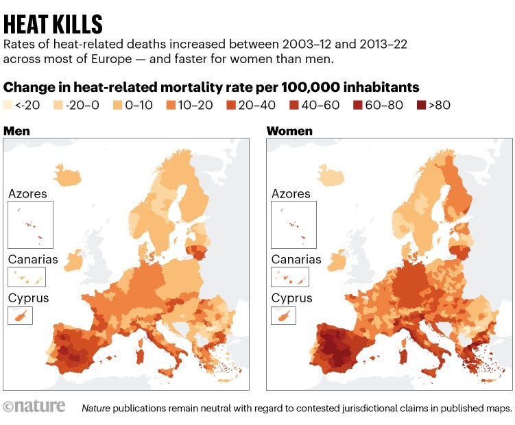 Heat kills: Two maps of Western Europe showing change in heat-related mortality rates from 2003-12 to 2013-22.