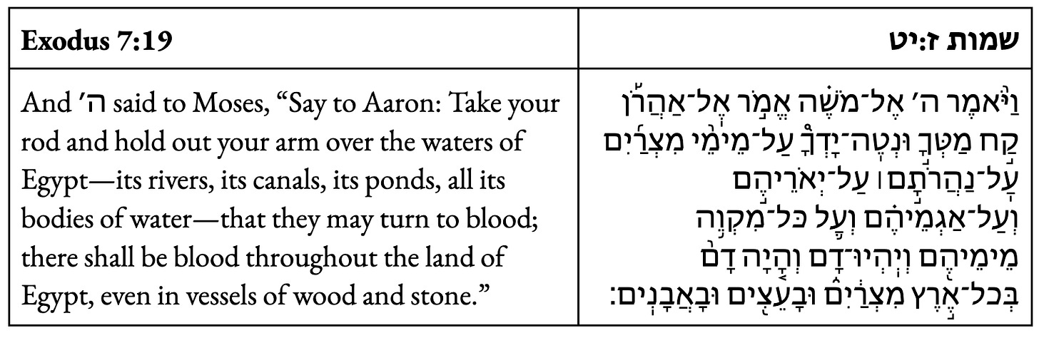 And ה׳ said to Moses, “Say to Aaron: Take your rod and hold out your arm over the waters of Egypt—its rivers, its canals, its ponds, all its bodies of water—that they may turn to blood; there shall be blood throughout the land of Egypt, even in vessels of wood and stone.”