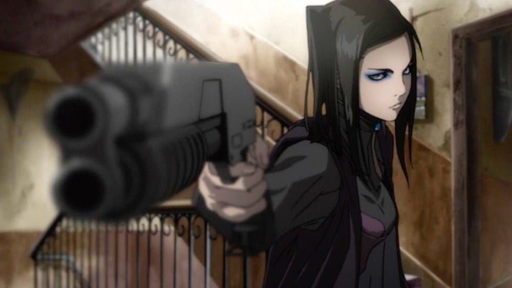 A still from Ergo Proxy depicting a young woman in dark clothing and makeup pointing a shotgun at the screen