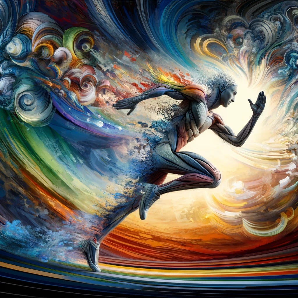 A high performance athlete, depicted in a dynamic state of shapeshifting, navigating through a chaotic world filled with abstract shapes and vibrant colors. The athlete, shown in mid-transformation, has parts of his body morphing into various elemental forms like wind and fire, symbolizing speed and power. The background is a surreal landscape, an amalgamation of swirling patterns and exploding colors that represent chaos and turmoil. The scene captures the essence of motion and transformation, emphasizing the athlete's adaptability and strength in overcoming challenges.