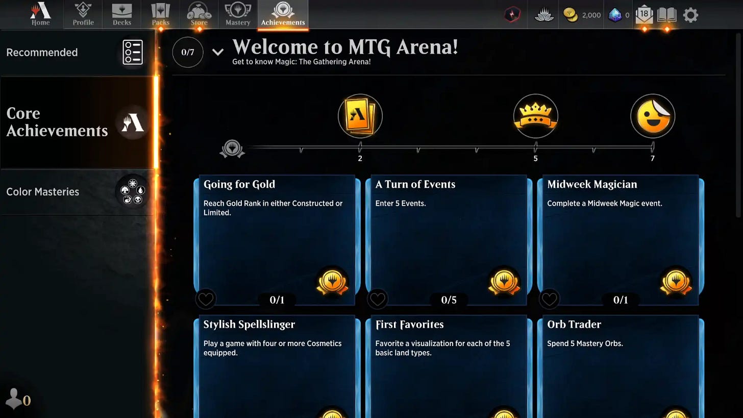 Screenshot of the Core Achievements screen showing a progress bar and six achievements: Going for Gold (Reach Gold Rank in either Constructed or Limited), A Turn of Events (Enter 5 Events), Midweek Magician (Complete a Midweek Magic event), Stylish Spellslinger (Play a game with four or more Cosmetics equipped), First Favorites (Favorite a visualization for each of the 5 basic land types, and Orb Trader (Spend 5 Mastery Orbs).