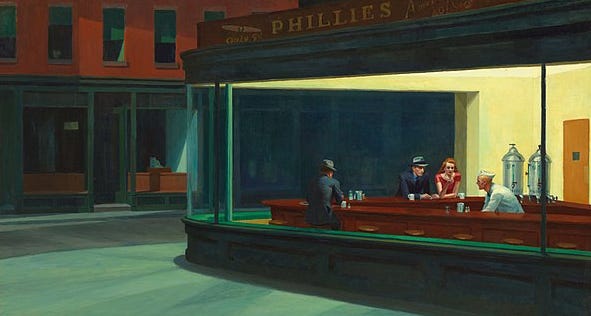 "Nighthawks" painting by Edward Hopper. People in a cafe at night