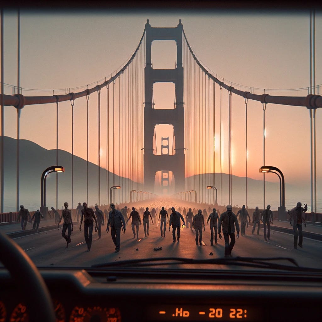 From the driver's POV, approaching the Golden Gate Bridge during a subtle sunset. The sky is painted in soft, serene hues. In the distance, a horde of zombies is advancing towards the viewer. The bridge, under a less dramatic sunset, enhances the eerie feeling as the zombies move closer in disturbing detail. This first-person perspective captures the iconic bridge structure juxtaposed with the chilling threat of the undead, providing an immersive and ominous experience. The image should evoke a sense of dread and suspense, framed by the beauty of a calm sunset.