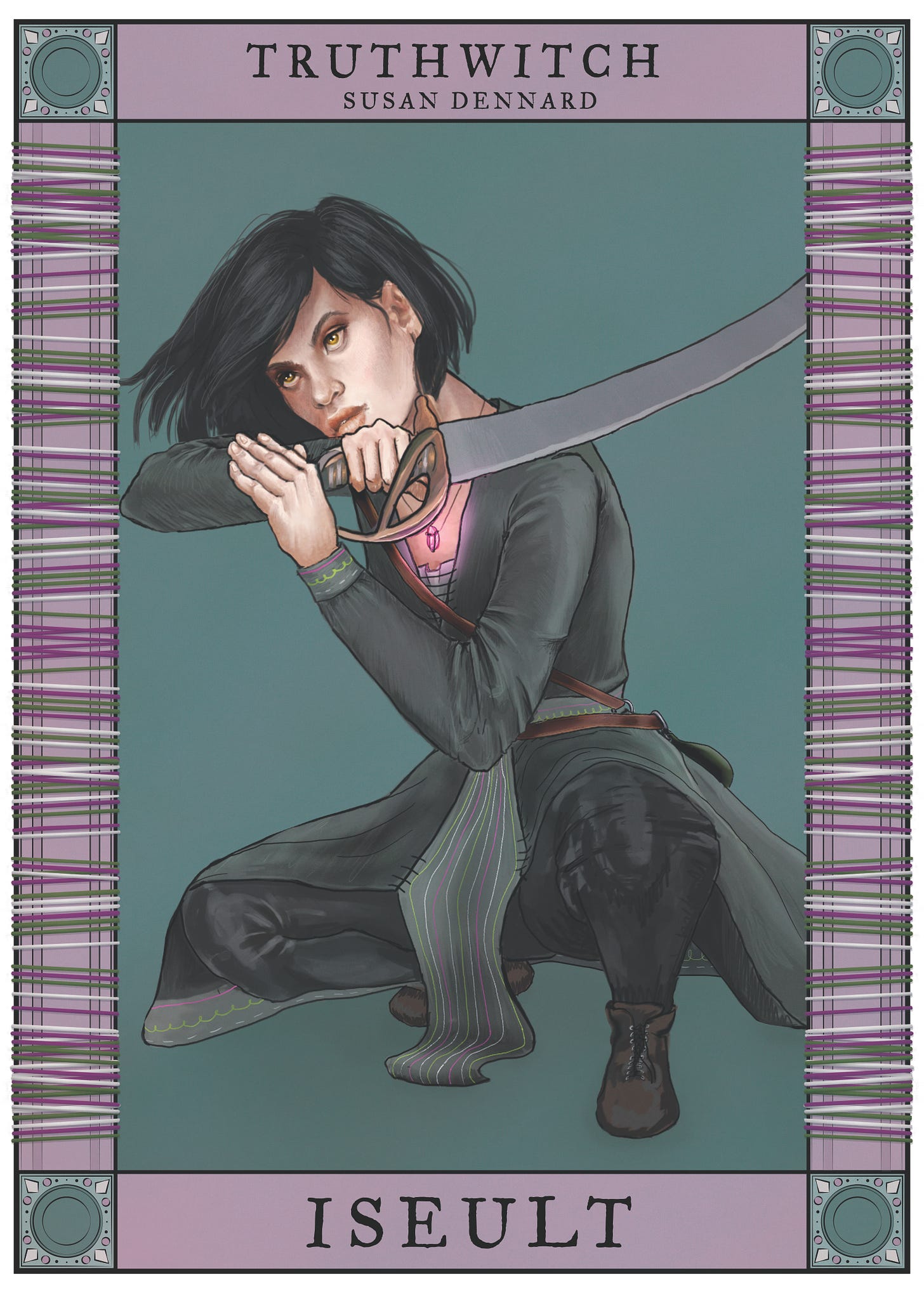 An illustration of Iseult crouched and holding a sword, her stance defensive and her expression fierce