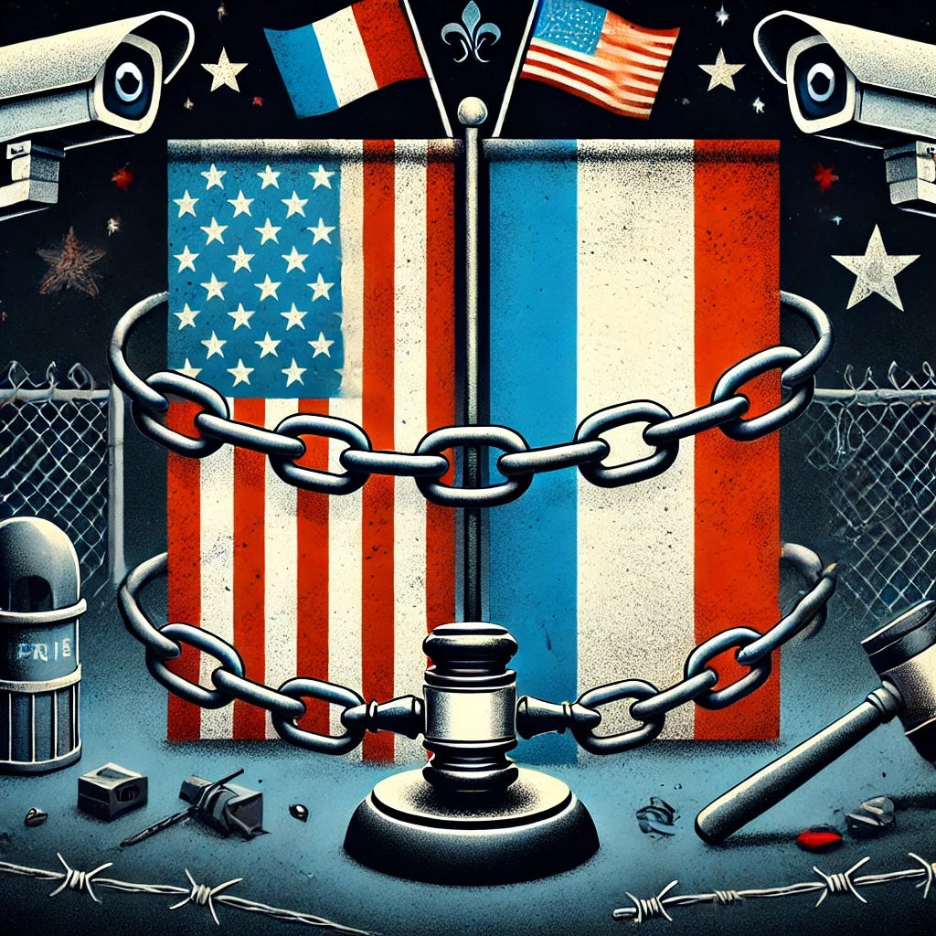 An illustration showing the United States and France becoming more authoritarian. The image should feature the US and France flags with chains wrapped around them, symbolizing restriction. Surrounding the flags, there should be elements like surveillance cameras, barbed wire, and a gavel to represent control and oppression. The background should be dark and gloomy, conveying a sense of foreboding and loss of freedom.
