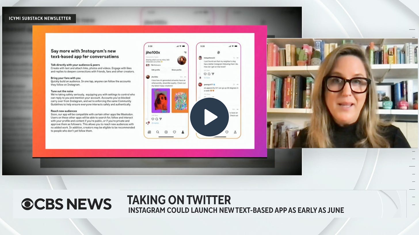 CBS News screenshot of me talking about the new Instagram text-based app launching as early as June