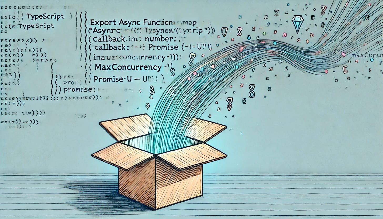 A 2D illustration in a pen-drawn style on a casual sky-blue background. In the center, there is a paper box emitting a futuristic stream of TypeScript code in pastel tones. The TypeScript code is flowing out of the box in a stylized manner, giving a digital, futuristic look but maintaining a 2D, hand-drawn aesthetic. The code should include a snippet of real TypeScript that starts with 'export async function asyncMap<T, U>(array: T[], callback: (item: T, index: number, array: T[]) => Promise<U>, maxConcurrency = 10): Promise<U[]>' and continues flowing out of the box in neat, structured lines. The paper box should look simple yet slightly futuristic in its design, with soft pastel shades. The overall tone should feel light, creative, and suited for a technical blog cover image.