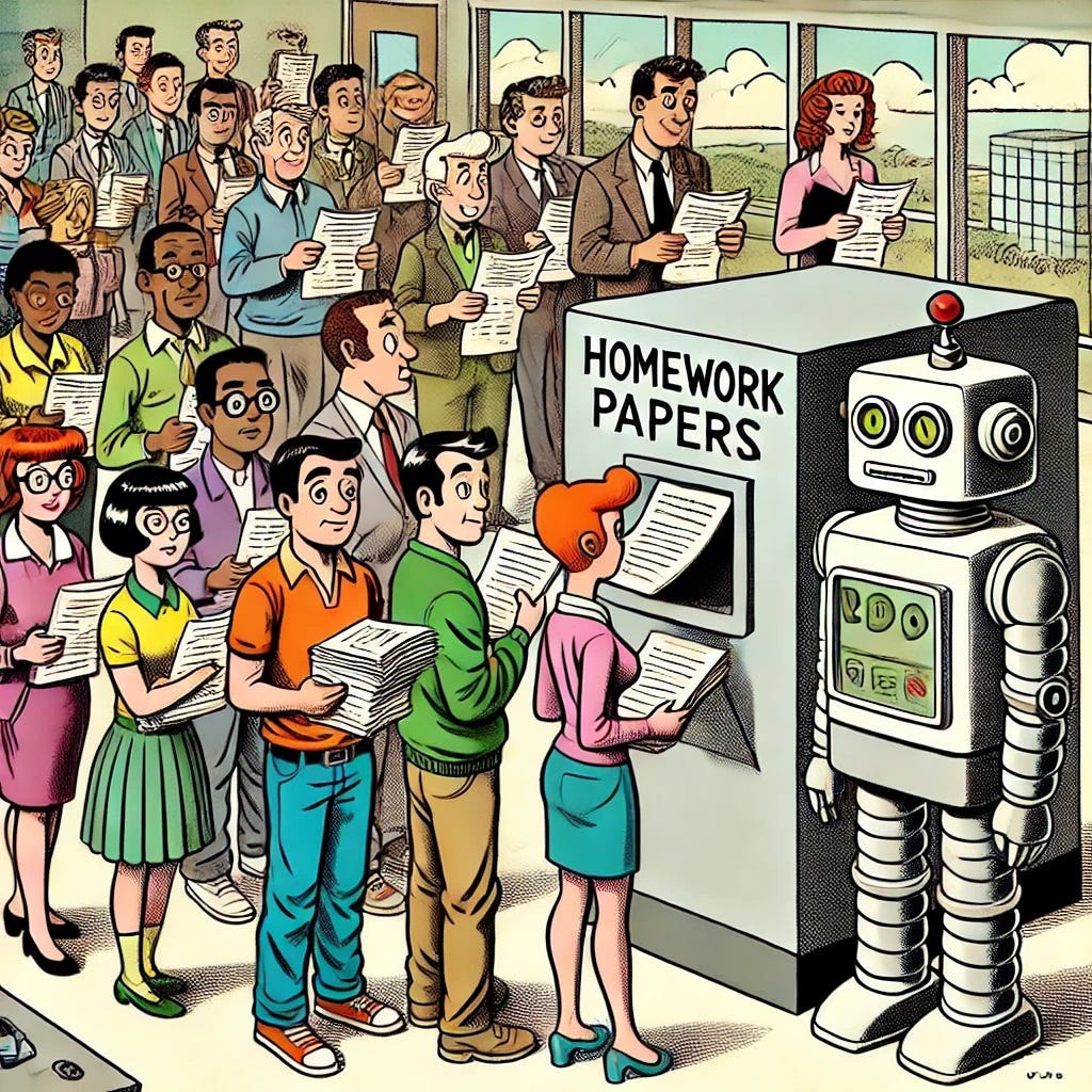 a diverse group of adult college students feeding their homework papers into a humanoid robot in a classroom. The robot's eyes light up with each paper it receives, all done in the style of a Sunday newspaper comic strip.