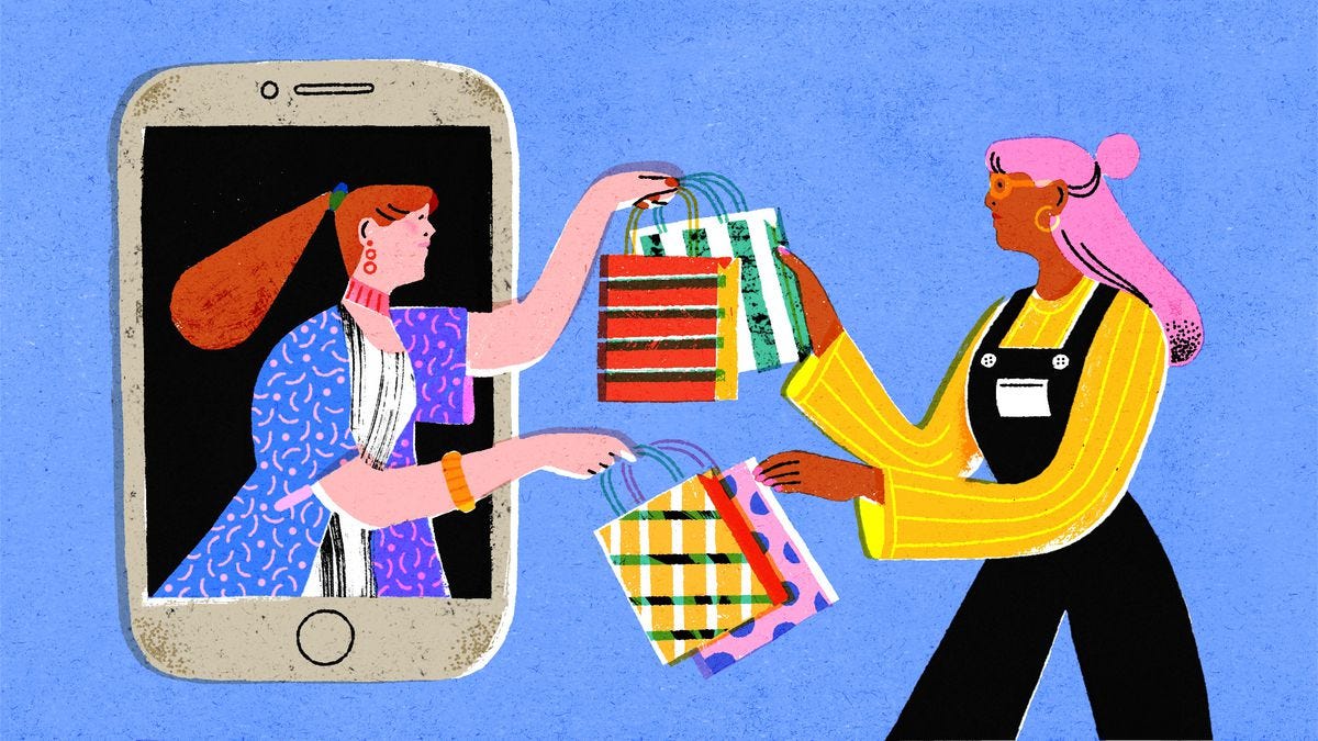 An illustration shows a woman reaching out from a giant phone to hand several shopping bags to another woman.