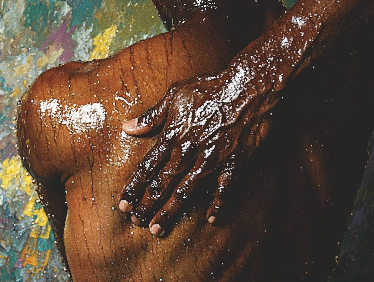 prismatic pastoral pointillism magazine cover by David Lynch of a man's Dark-skinned Black Hands, massaging the muscle in her dark-skinned, hot oiled back