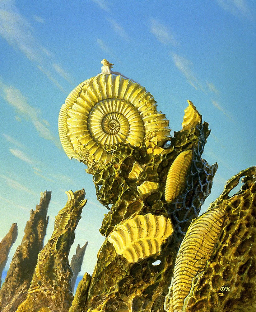 Out of the water slender outcrops of stone stand earthy bronze in contrast to blue skies barely marked with traces of cloud. Attached to the top one of the thicker shards of pitted, textured stone is an intact spiral of an ammonite fossil. Lazing across the upper curve of the ridged shell, a woman raises her head to catch golden rays of light and an ocean breeze that carries the long locks of her sunflower blonde hair. The bare curve of her hip suggests that she's not wearing anything.