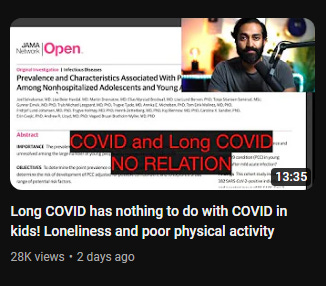 a screencap of Vinay's YT channel, claming Long COVID in kids is because we once protected them from COVID