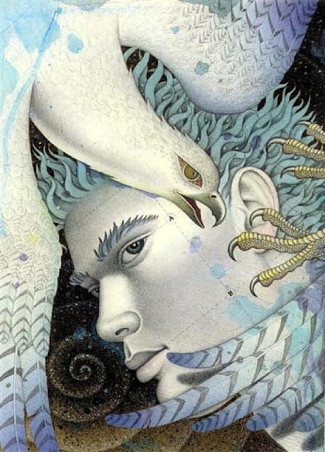 An Asian man's head is being wrapped around a bird's body. There is a dark yellow spiral in the background. The bird is mostly white, with blue and purple splotches of color. The man's eyes are open, and he has short blue spiky hair. The bird's claws are wrapped around the side of his head, and the bird's beak is right by his ear. An Asian man's head is being wrapped around a bird's body. There is a dark yellow spiral in the background. The bird is mostly white, with blue and purple splotches of color. The man's eyes are open, and he has short blue spiky hair. The bird's claws are wrapped around the side of his head, and the bird's beak is right by his ear.