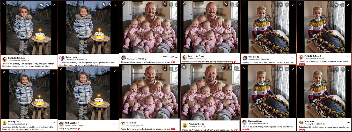collage of posts containing duplicate AI-generated images