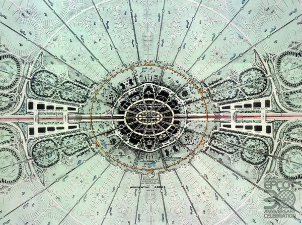 A conceptual radial city design for the original EPCOT (Experimental Prototype Community of Tomorrow). The design features a central hub surrounded by concentric rings of structures, radiating outward in a highly symmetrical pattern. Roads and pathways extend from the center like spokes on a wheel, leading to distinct residential and commercial areas. The layout is meticulously planned, emphasizing efficiency and organization, reflecting Walt Disney’s vision for a futuristic planned community.