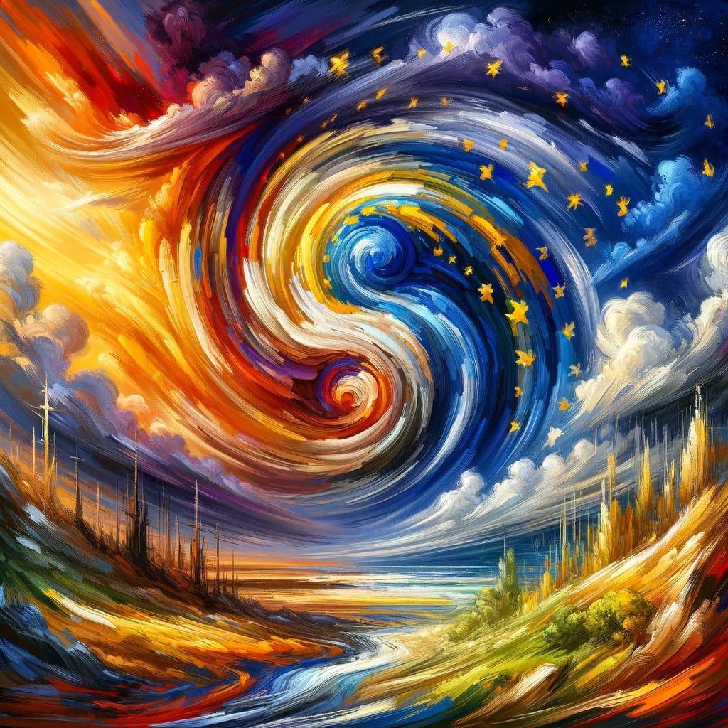 An abstract painting depicting the shift of Europe's balance towards the east. The scene features swirling brushstrokes in vibrant colors, symbolizing movement and change. The left side of the image, representing the western part of Europe, appears to be fading or tilting, while the right side, representing the eastern part, is rising and becoming more prominent. A dramatic sky with contrasting colors adds depth and emotion, capturing the sense of transformation and dynamic energy. The overall mood is expressive and slightly melancholic, with a touch of hope and renewal.