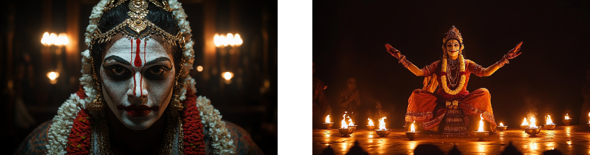 Two captivating images of traditional dance performances: the left shows a close-up of a performer with intense facial makeup, intricate jewelry, and a dramatic expression, illuminated by soft, warm lighting in a dimly lit setting. The right captures the same performer in a dynamic dance pose, surrounded by lit oil lamps on the floor, creating a powerful and sacred atmosphere that highlights the spiritual and dramatic elements of the performance.