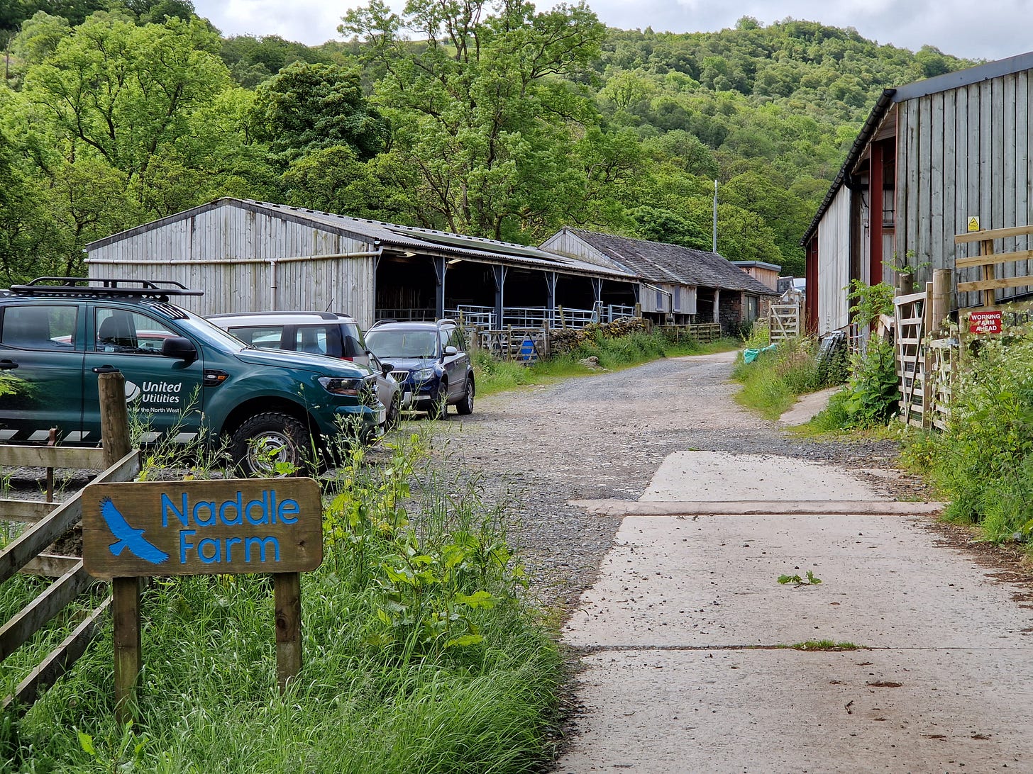 Signpost "Naddle Farm'. Farm Yard with vehicles and sheds