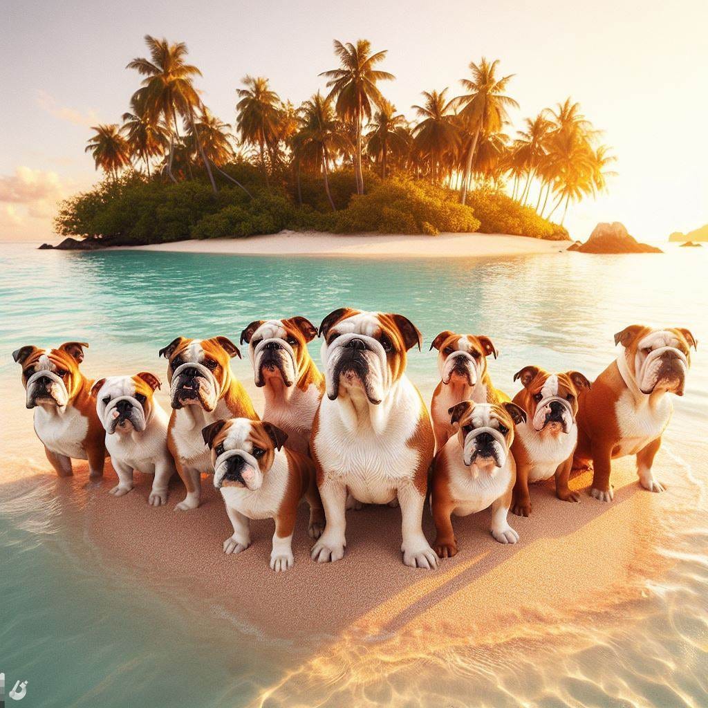 An island of bulldogs at golden hour
