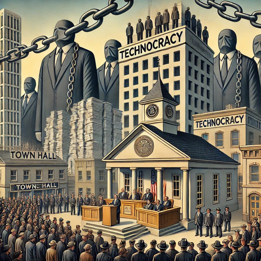 A symbolic artwork showing a small, traditional municipal town hall overshadowed by a massive corporate skyscraper labeled 'Technocracy.' Elected officials, depicted as small figures, are speaking at a podium surrounded by large, looming stacks of documents and chains symbolizing restrictive bylaws and rules. Unelected bureaucrats in faceless suits stand in the background, towering over the scene. Citizens, shown in muted tones, watch from behind barriers, representing their limited involvement. The mood is serious, emphasizing the struggle between democracy and bureaucratic control. The setting is a mix of traditional architecture and modern corporate dominance.