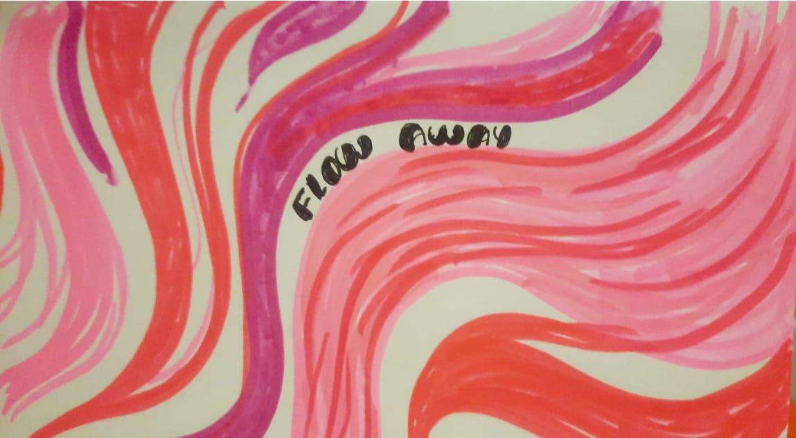 desenho de canetinha rosa escura, rosa claro e vermelhor sob folha branca. São curvas que lembram ondas, com um Flow Away encaixado entre elas e escrito em preto.