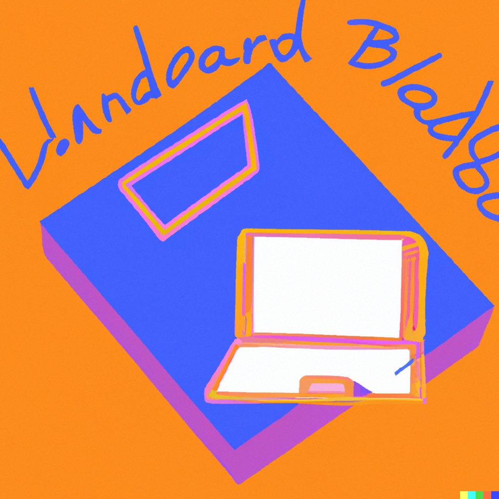 A laptop and an abstract representation of a classroom, in orange and blue.