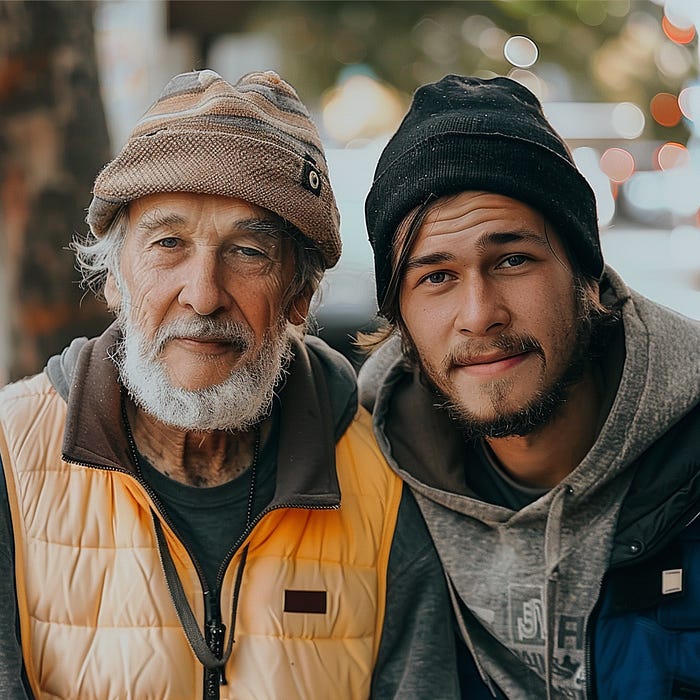 A older man and a younger man standing side by side, wearing similar clothing line a beanie, a vest, and a hoodie.