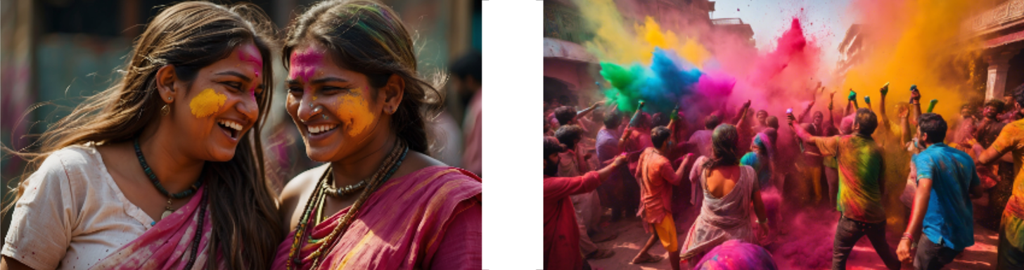 The images present a vivid portrayal of joy and festivity, capturing the heart of the Holi festival. The first image is a dynamic illustration of a majestic warrior, with a fierce gaze and a blazing torch, set against a tumultuous backdrop of fire. The second picture shifts to a peaceful scene where a woman dressed in traditional Indian attire scatters petals from a blooming tree, transformed into a swarm of butterflies. This contrast between the fiery intensity and serene nature epitomizes the diverse narratives and emotions celebrated in Indian culture and mythology.