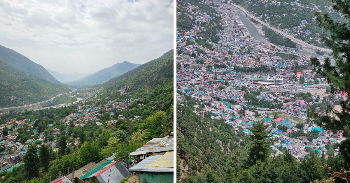 Left: Views on the Beas river valley || Right: Kullu bus stand visible from the road section before the village of Bain