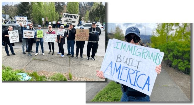 Indivisibles along a roadside in Washington state hold signs reading IMMIGRANTS BUILT AMERICA, DUE PROCESS FOR ALL, FREE ABREGO GARCIA, and more