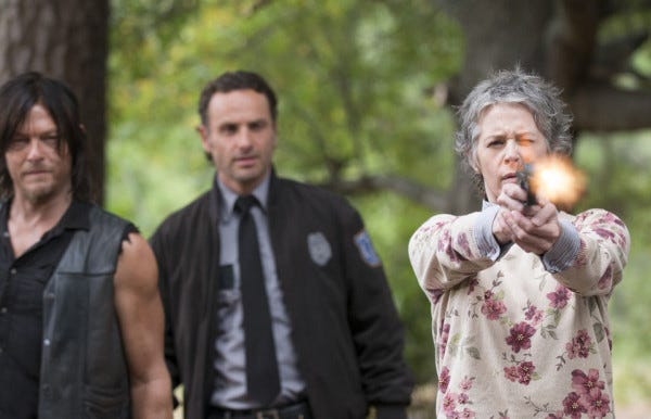 carol empties gun with daryl rick on the walking dead