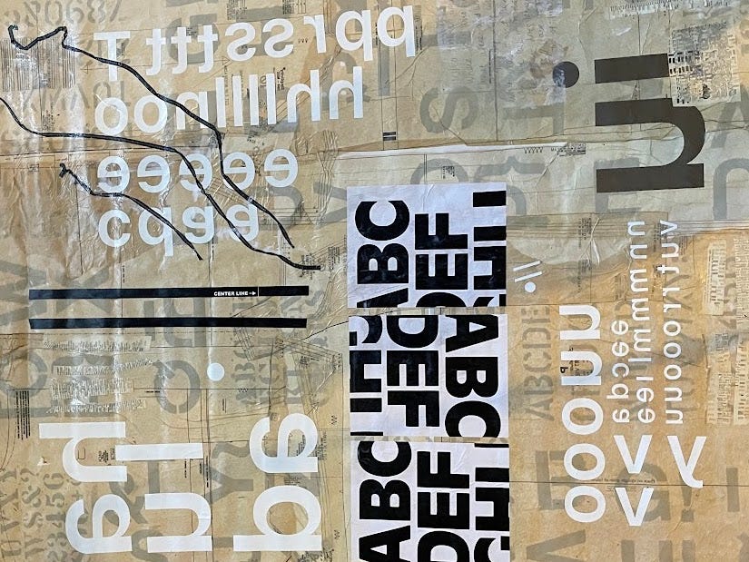 a large piece of mixed media art on a banner, covered in layers of typography with English language letters in black and white on a beige background
