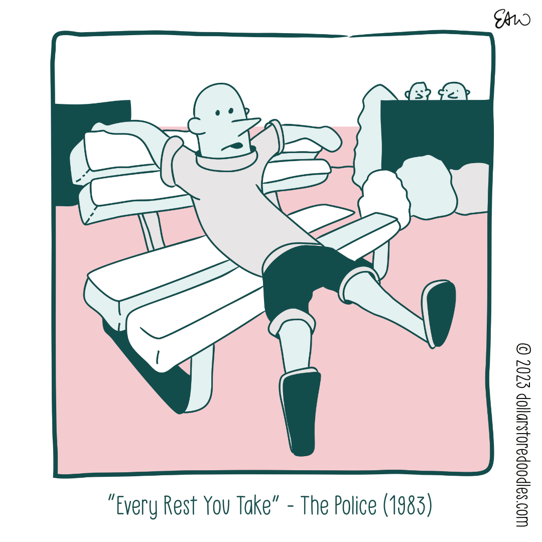 Panel 3 of 5 of a web comic showing a character resting on a bench with his arms and legs stretched out widely. A pair of characters stand behind a fence in the distant background. They are spying on the main character taking a break. The caption reads, "Every Rest You Take. The Police 1983."