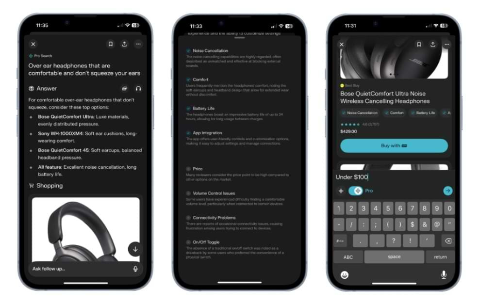 Three screenshots of Perplexity's new shopping feature showing search results for over-ear headphones, detailed product descriptions, and one-click checkout for Pro user.