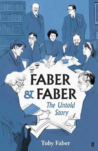 Cover of Faber and Faber The Untold Story showing Faber authors around a table, with Seamus Heaney speaking to Samuel Beckett in foreground