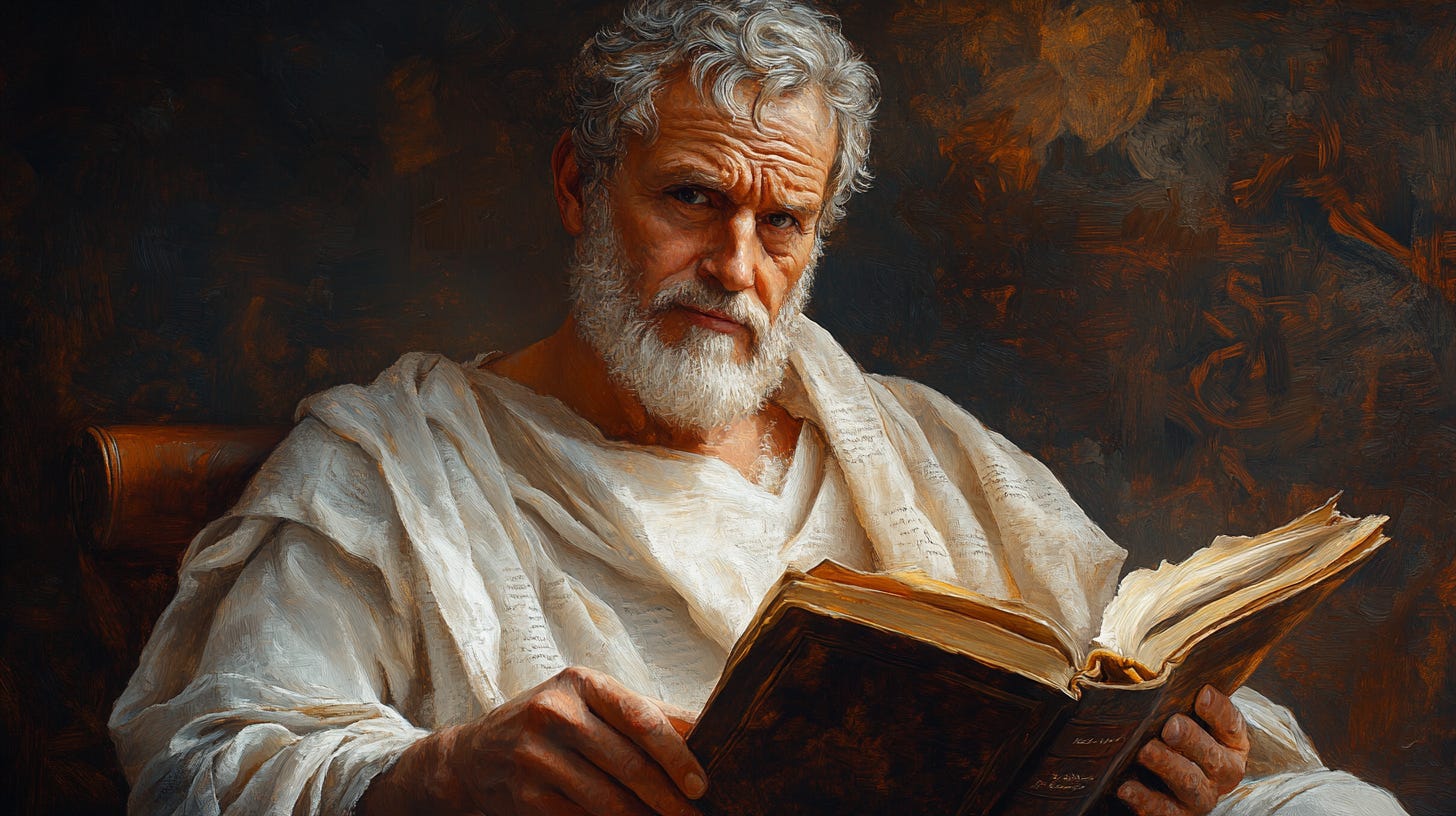 Portrait of Epictetus, the Stoic philosopher, depicted in a white robe reading an ancient manuscript, with a thoughtful expression and rich, textured details emphasizing wisdom and reflection.