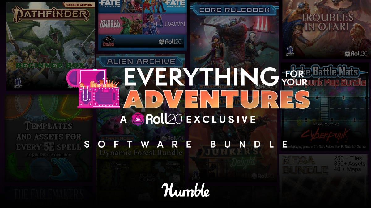 A marketing image title treatment that says Everything for your Adventures, a Roll20 Exclusive. At the left, an open pink-and-purple treasure chest with gold and pearls inside