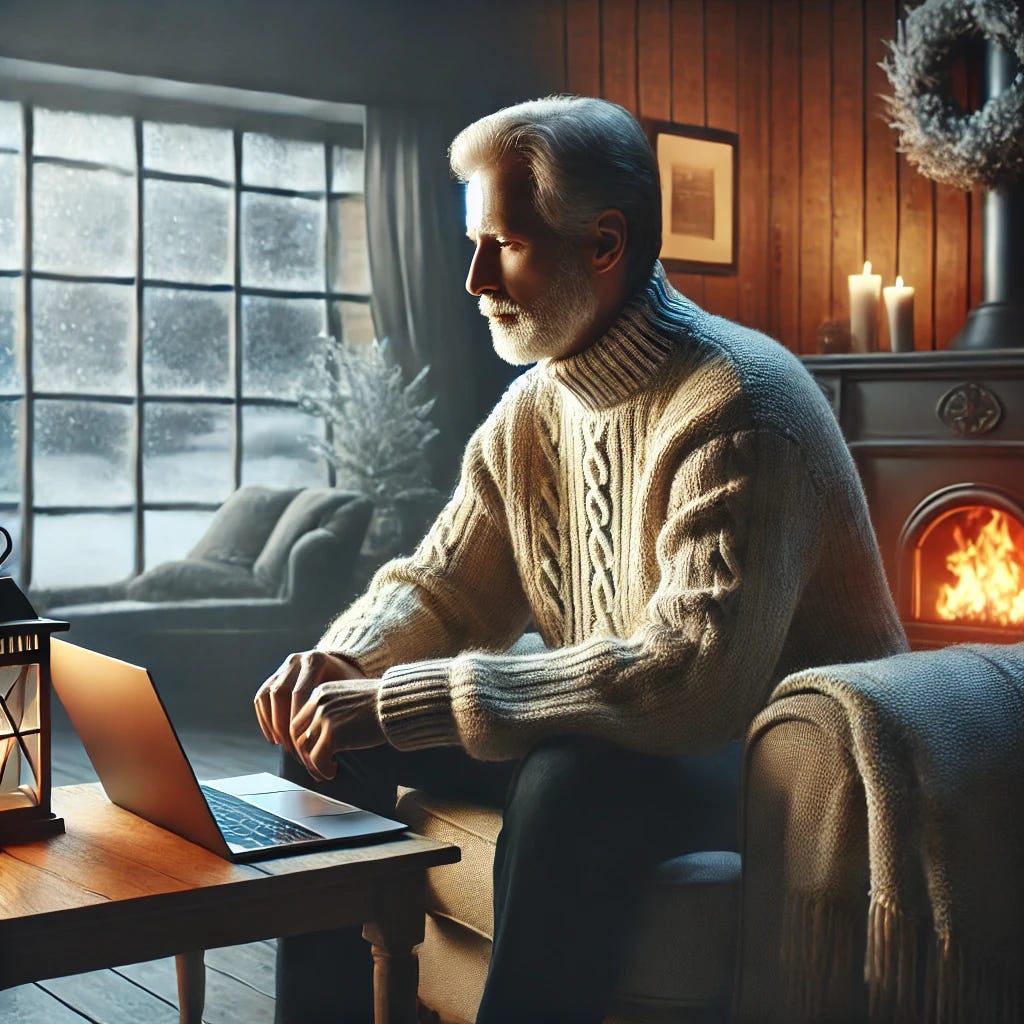 A serene and realistic image of an older man relaxing indoors on a winter weekend, sitting in a cozy armchair with a laptop on a small table in front of him. He is wearing a warm sweater and surrounded by a comforting ambiance with a crackling fireplace, soft lighting, and a warm interior. Outside the window, a snowy landscape is visible, emphasizing the winter setting. The mood is peaceful and focused, suggesting he is working or browsing on the laptop in a relaxed manner.