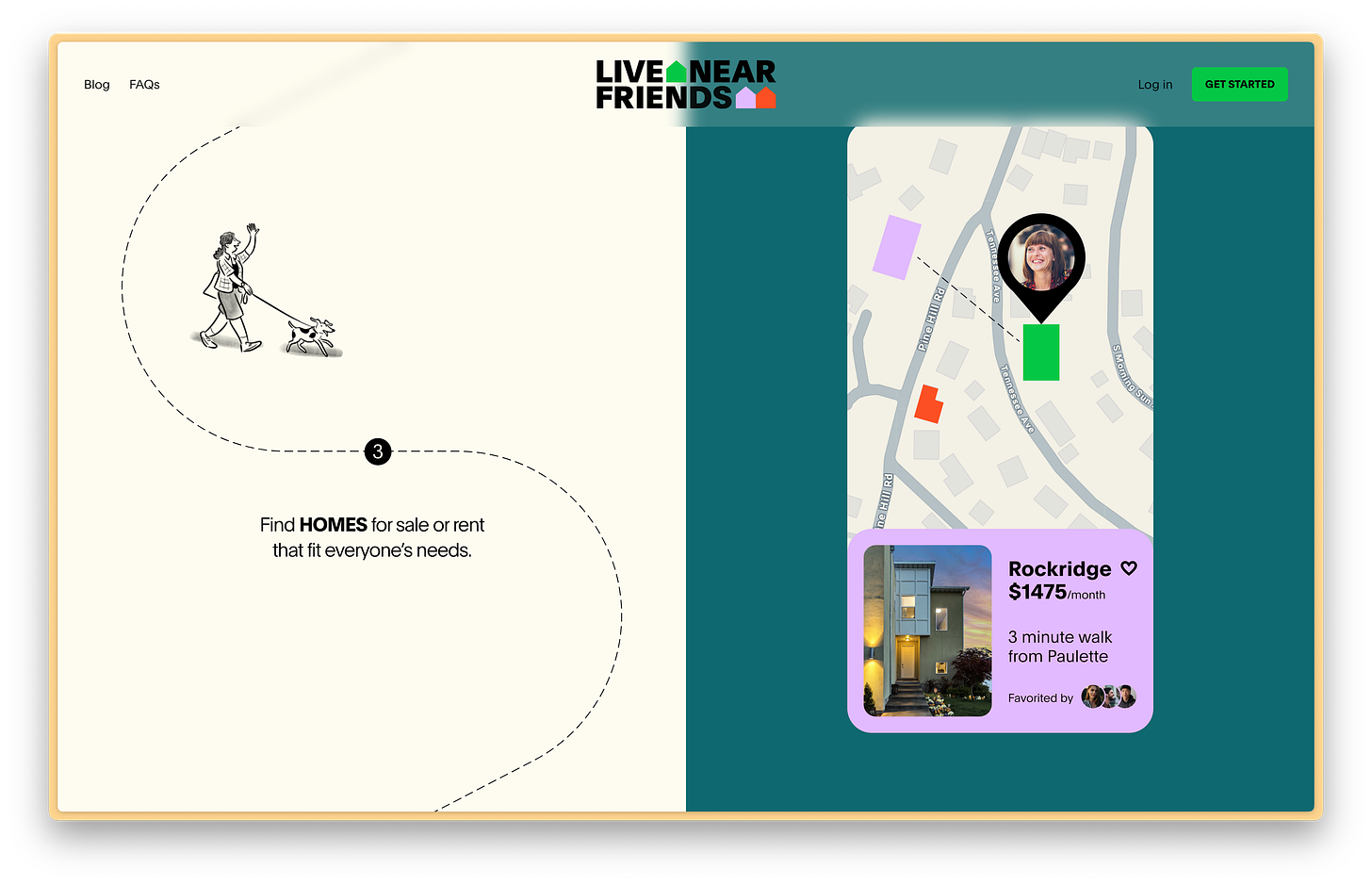 a screenshot of the live near friends website. illustration of a map with a home for rent within 3 minute walk from paulette