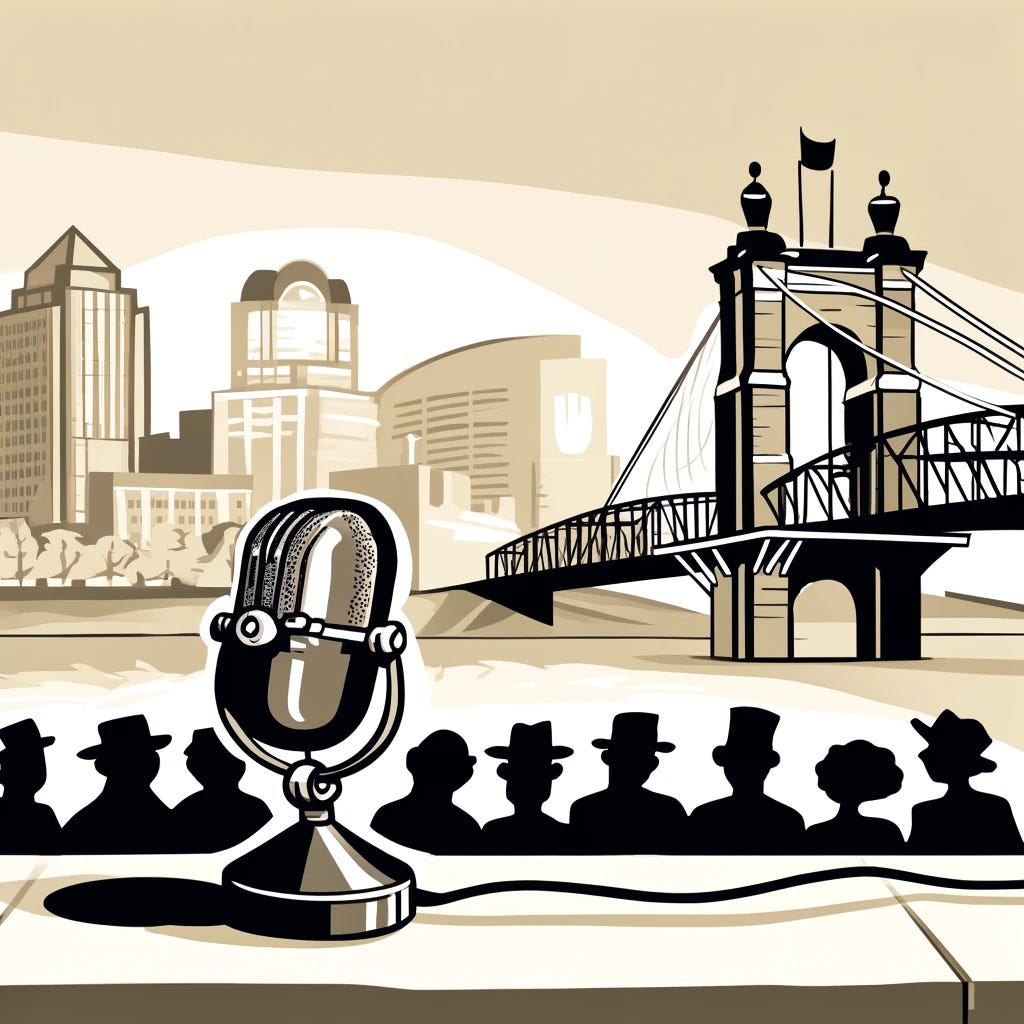 A 1940s newspaper cartoon style illustration depicting the city of Cincinnati. The scene shows iconic city landmarks with a vintage radio microphone in the foreground, symbolizing the city's proud tradition of great radio broadcasters. The background includes the Roebling Suspension Bridge and historic buildings, with a few people in 1940s attire listening to the radio. The overall style should be reminiscent of classic newspaper cartoons from the 1940s, with bold lines and a monochromatic color scheme.